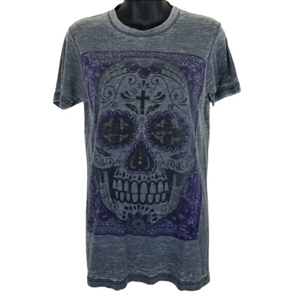 HYBRID Gray Burn Out Skull Gpraphic Tee size S - Picture 1 of 6